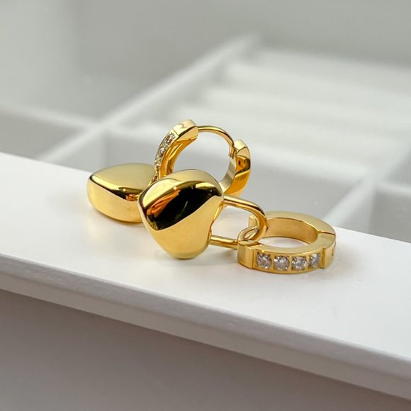 Gold Plated Huggie Hoop Heart Earrings Heart Pendant Earrings - Picture 8 of 11